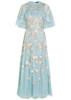 Needle & Thread Eden Rose Embroidered Cape-effect Tulle Gown Blue