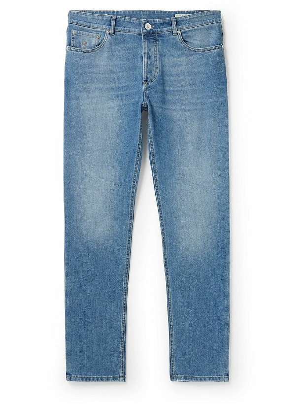 Photo: Brunello Cucinelli - Slim-Fit Straight-Leg Logo-Embroidered Jeans - Blue