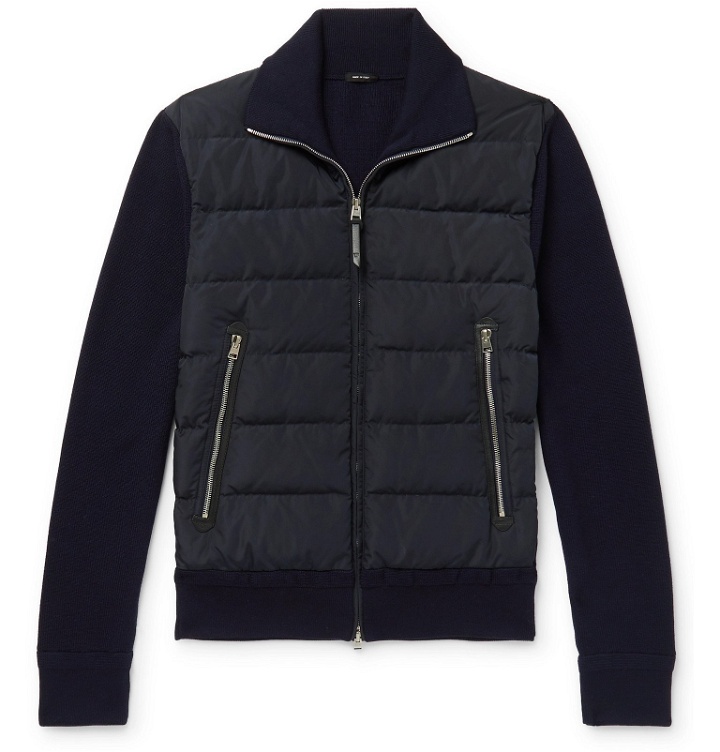 Photo: TOM FORD - Slim-Fit Panelled Ribbed Wool and Quilted Shell Down Jacket - Blue