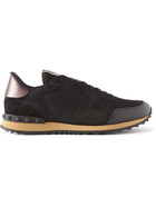 Valentino - Valentino Garavani Rockrunner Leather-Trimmed Suede and Mesh Sneakers - Black