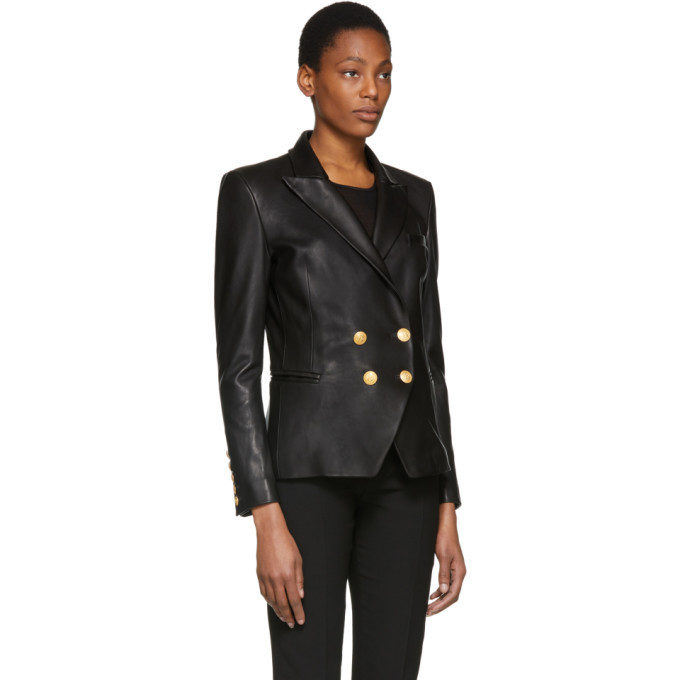 Pierre Balmain Black Leather Double-Breasted Blazer