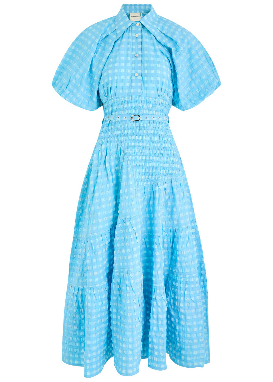 Lovebirds Tatiana Gingham Seersucker Midi Dress Bright Blue