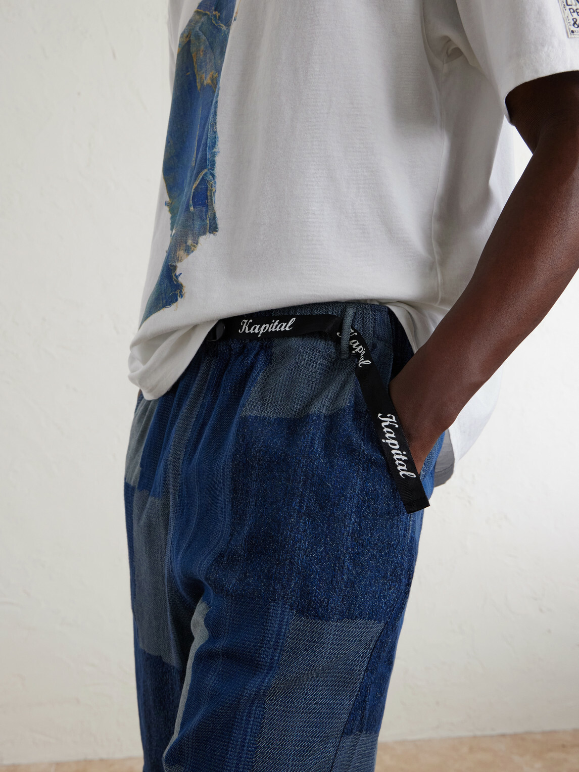 KAPITAL - Tugihagi Straight-Leg Belted Patchwork Cotton Shorts - Blue