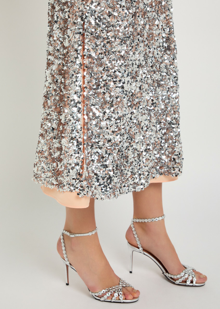 Rabanne Sequin-embellished Satin Midi Skirt Silver