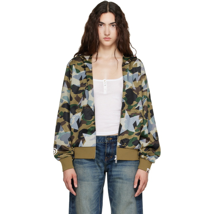Photo: BAPE Green Camo Mesh Shark Cropped Fit Full Zip Hoodie