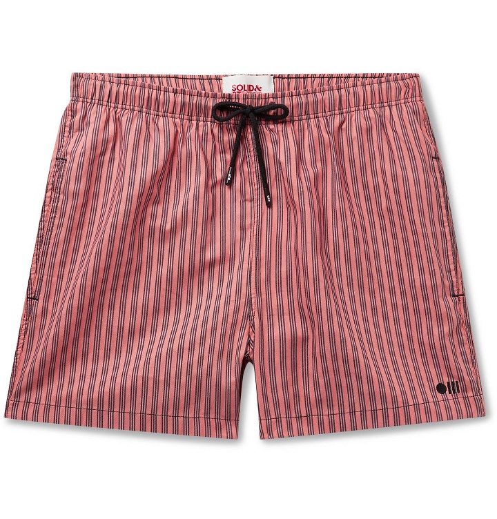 Photo: Solid & Striped - The Classic Mid-Length Striped Swim Shorts - Orange