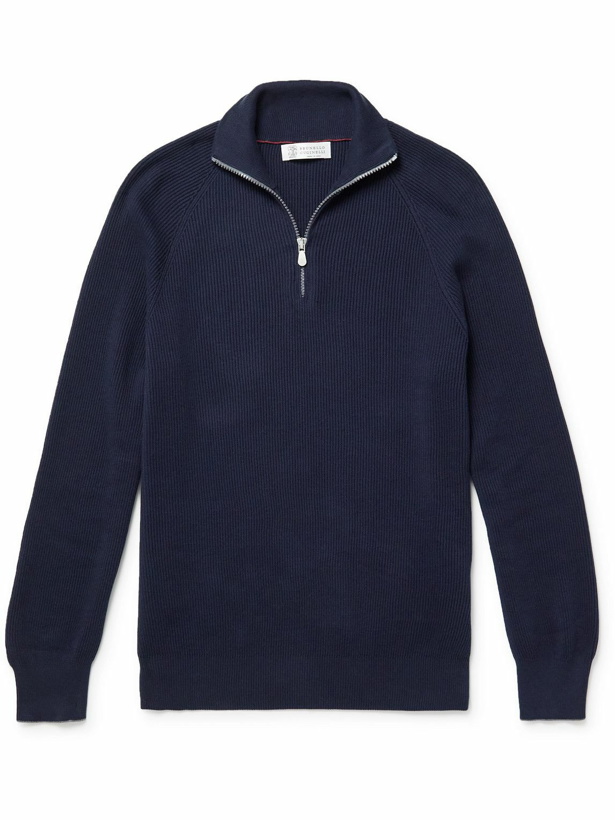 Photo: Brunello Cucinelli - Ribbed Cotton Half-Zip Sweater - Blue