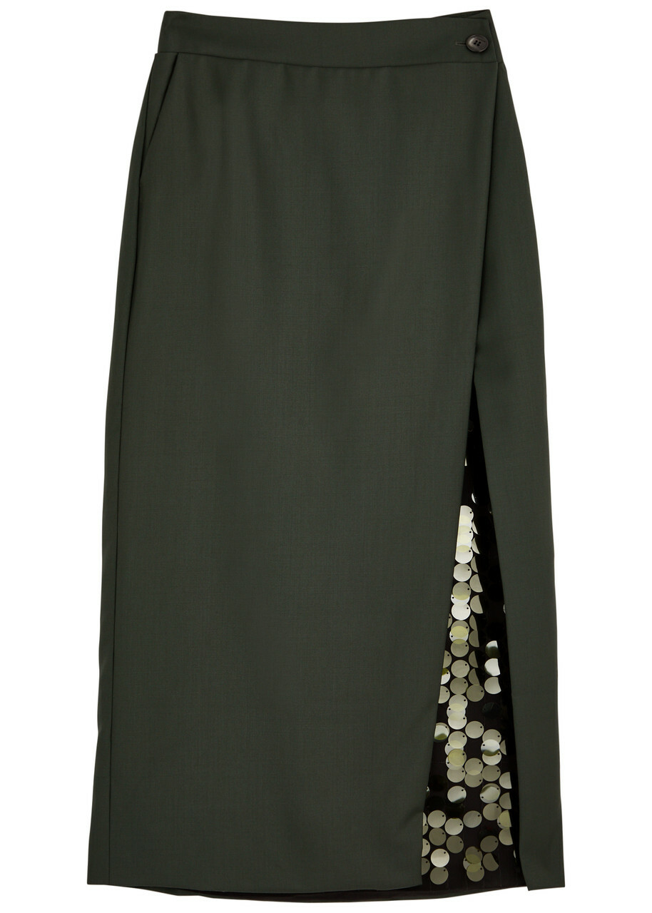 16 Arlington Beatris Embellished Wool Midi Wrap Skirt Khaki