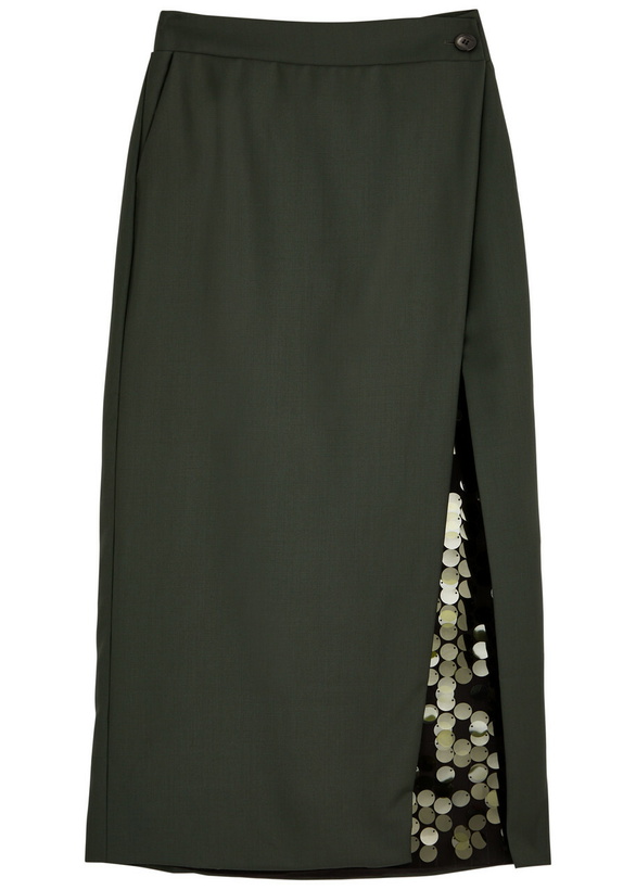 Photo: 16 Arlington Beatris Embellished Wool Midi Wrap Skirt Khaki