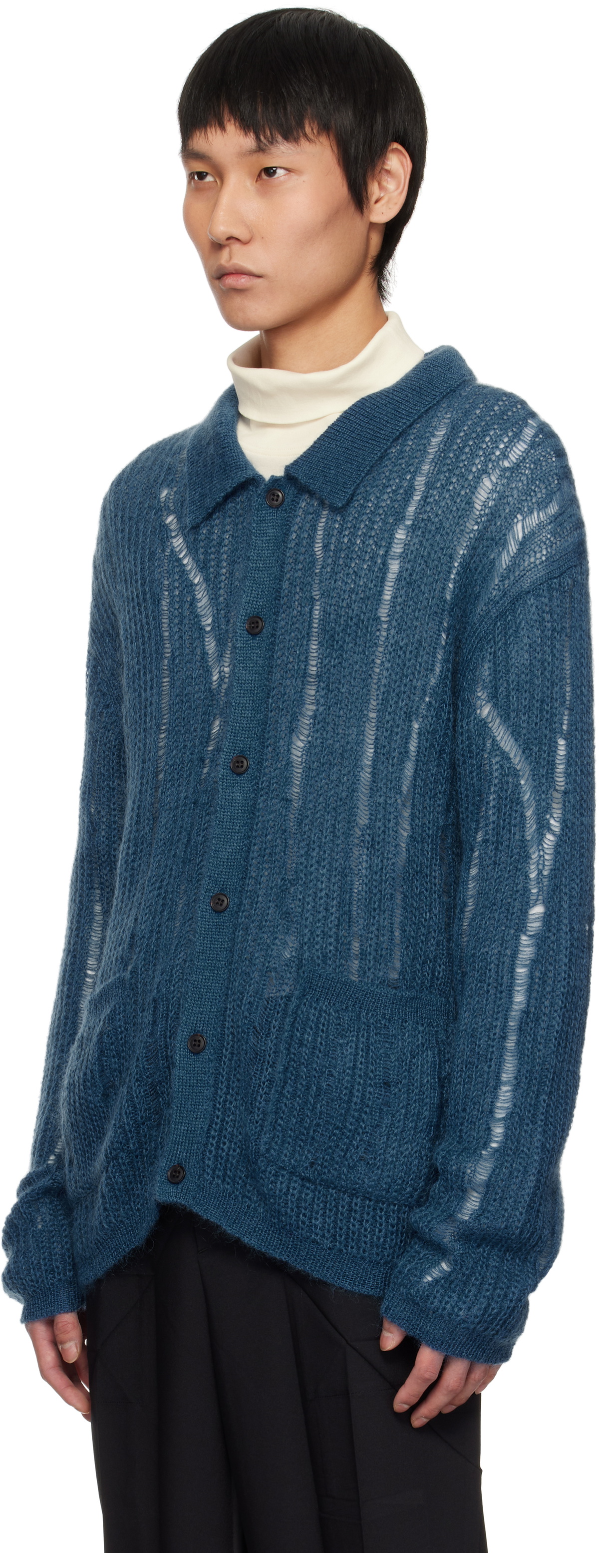 YOKE Blue Silk Kid Mohair Wool Buttoned Cardigan