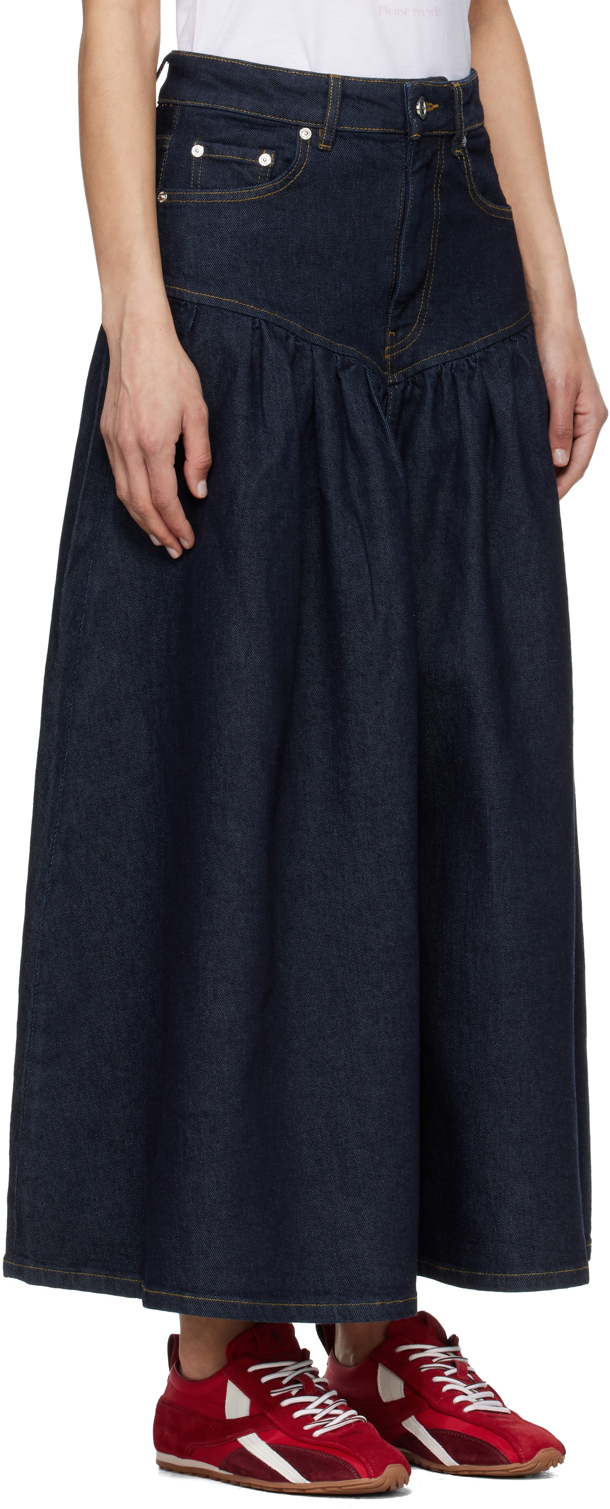 GANNI Navy Stretch Denim Midi Skirt