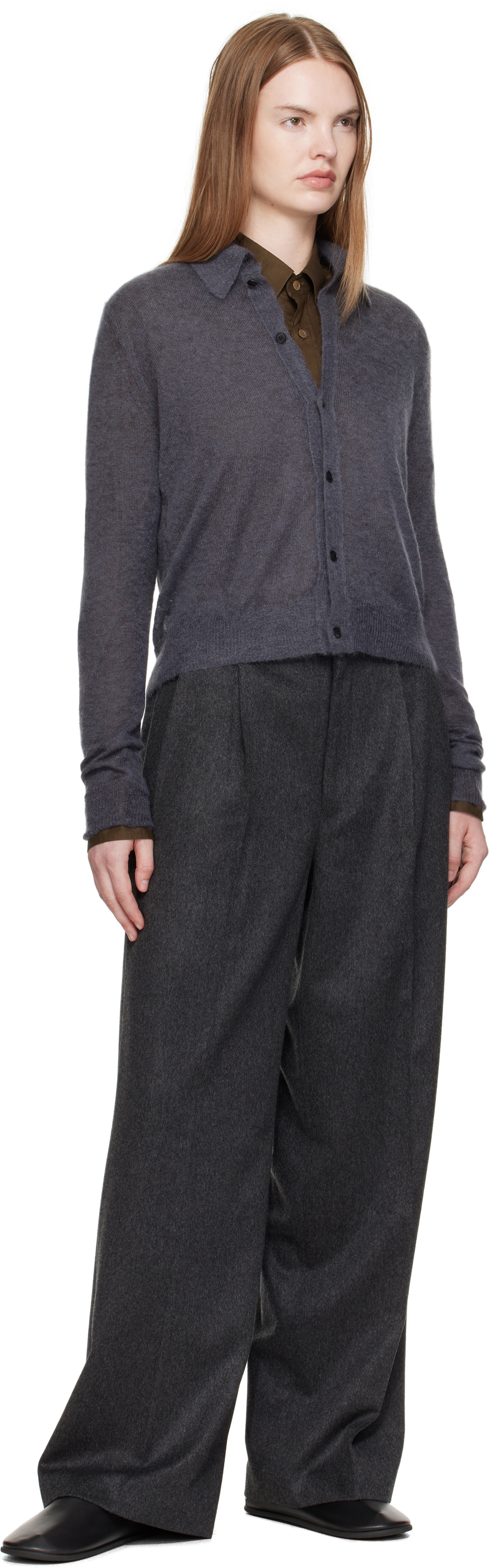 AURALEE Gray Kid Mohair Sheer Knit Shirt Cardigan