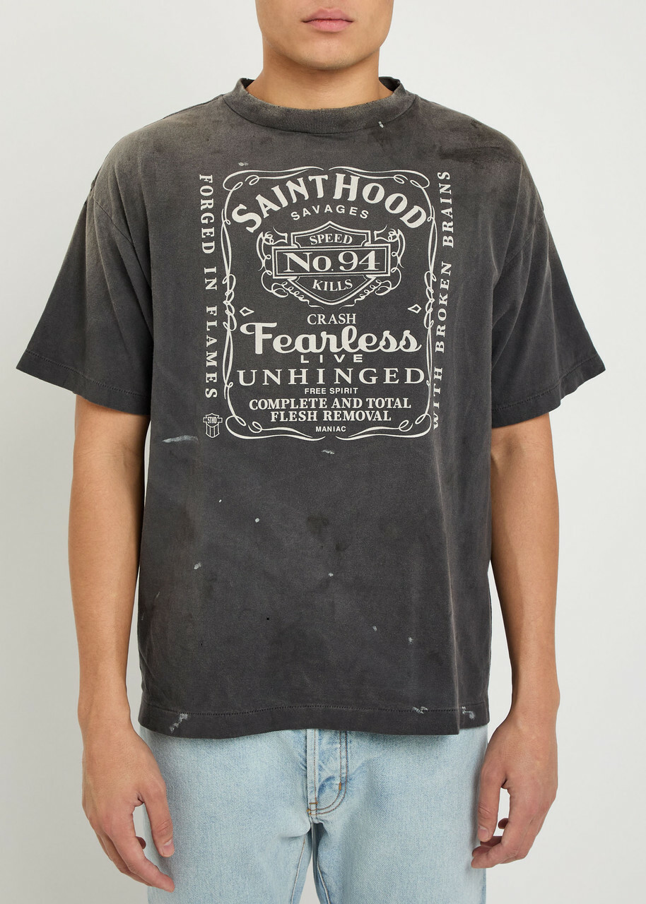 Saint Mxxxxxx Fearless Printed Distressed Cotton T-shirt Black