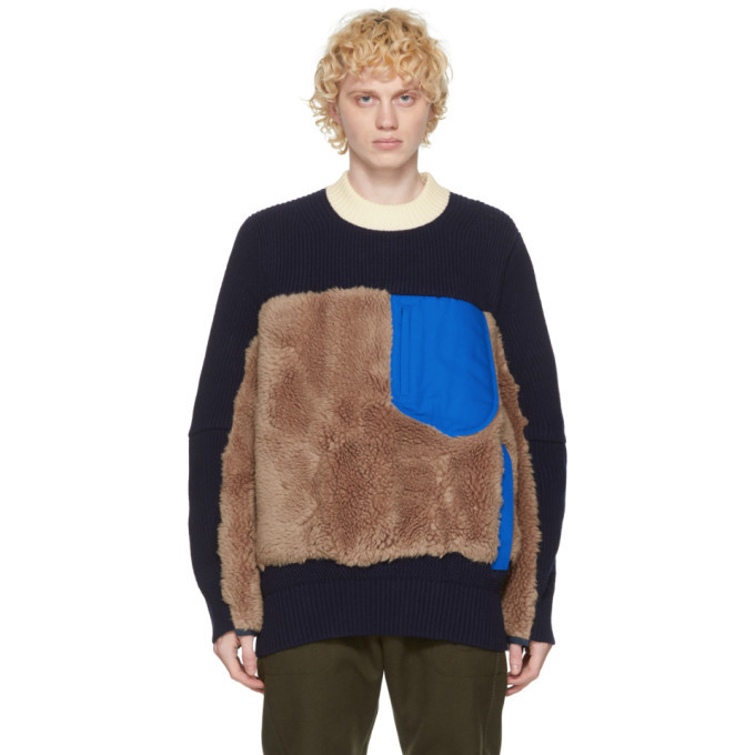 Photo: Sacai Navy and Brown Wool Sherpa Sweater