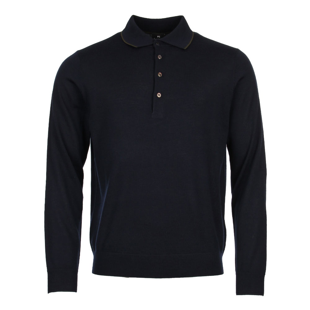 Long Sleeved Knit Polo Shirt - Navy
