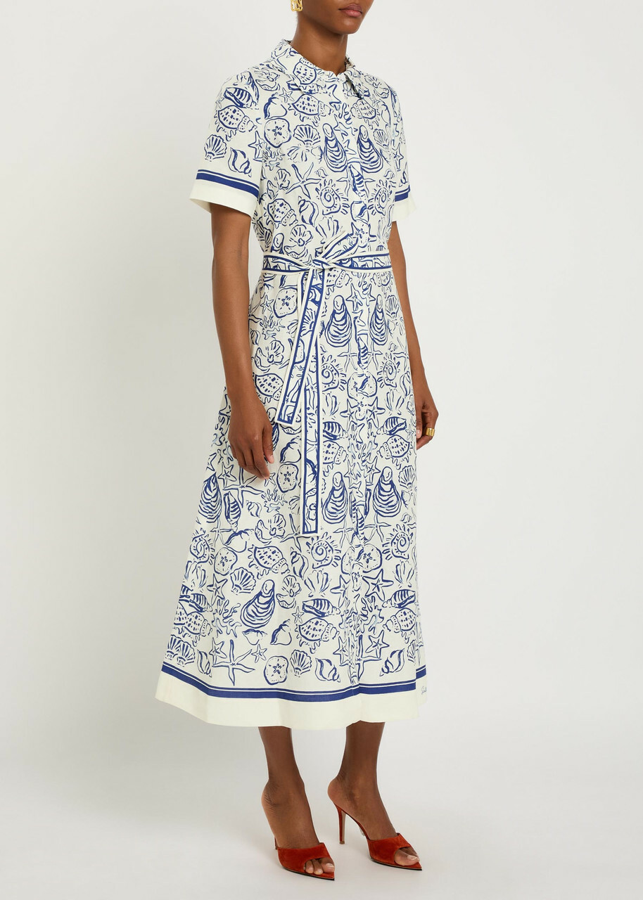 Simkhai Audria Printed Belted Linen-blend Midi Shirt Dress Blue