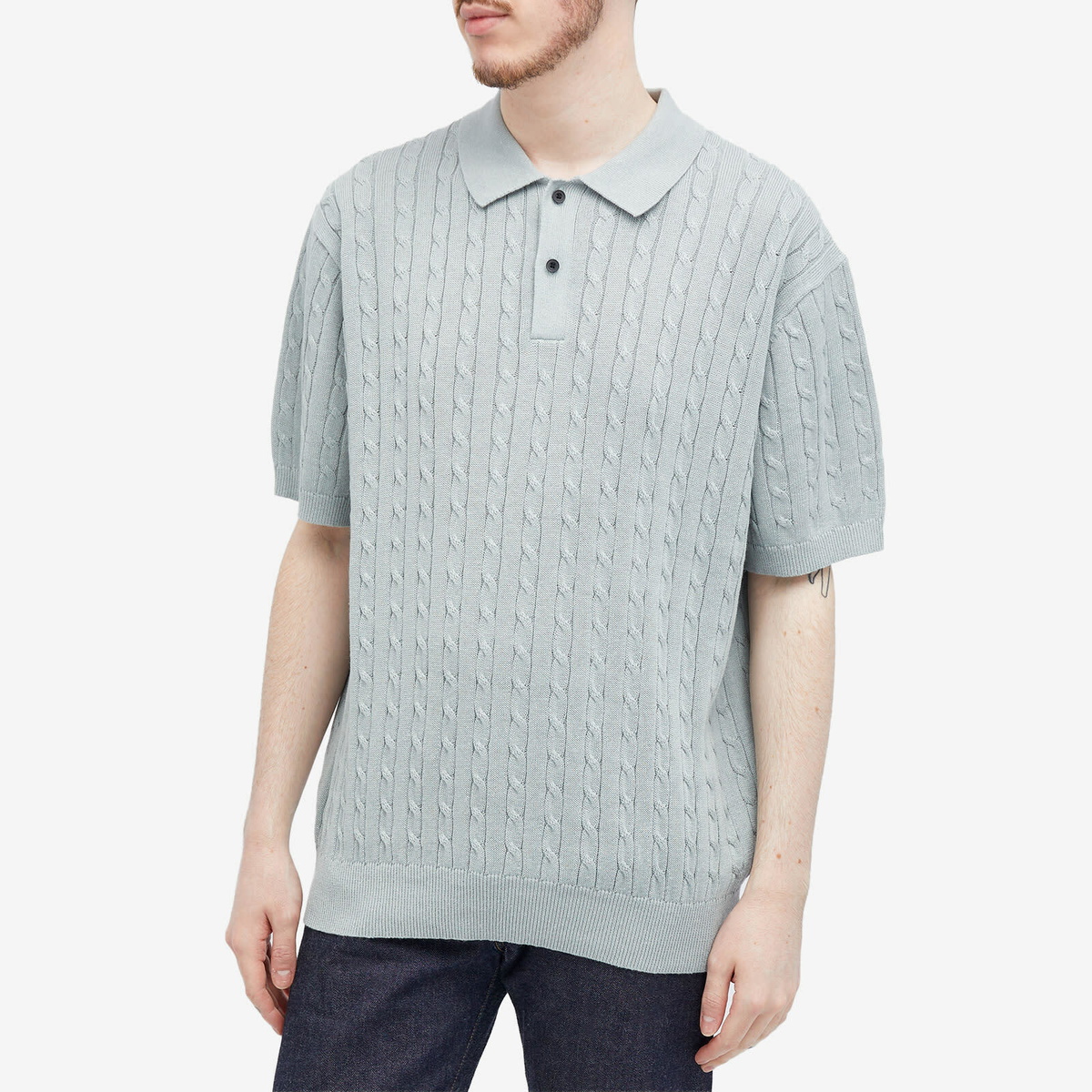 【BEAMS】Knit Polo Cable　ICE BLUE L BEAMS PLUS Knit Cable Polo - Ice Blue | Garmentory