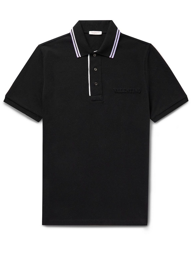 Photo: Valentino - Logo-Embossed Cotton-Piqué Polo Shirt - Black