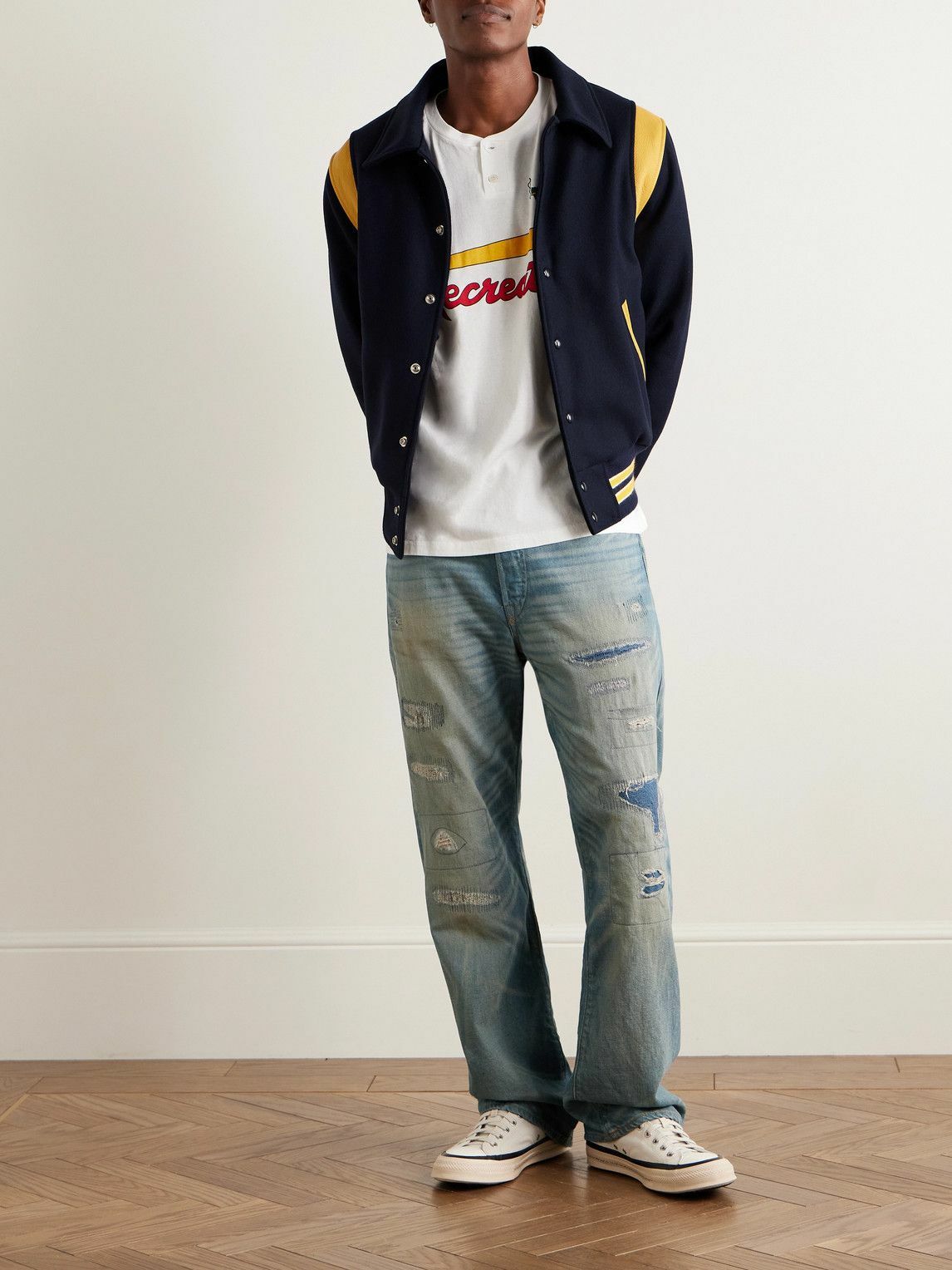 Golden Bear - Striped Leather-Trimmed Padded Wool-Blend Felt Varsity Jacket - Blue