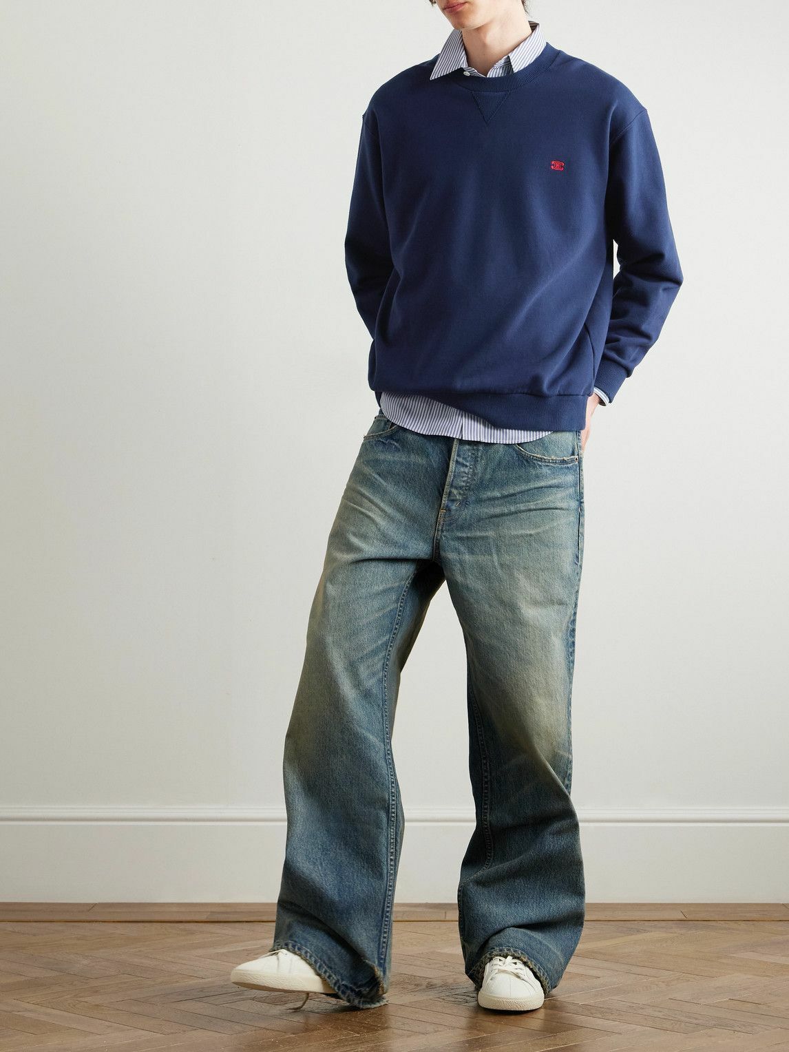 CELINE - Logo-Embroidered Cotton-Jersey Sweatshirt - Blue