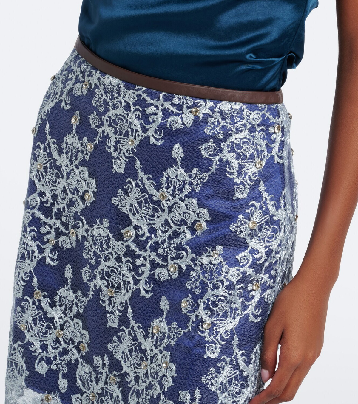 Jacques Wei Embellished leather-trimmed lace miniskirt