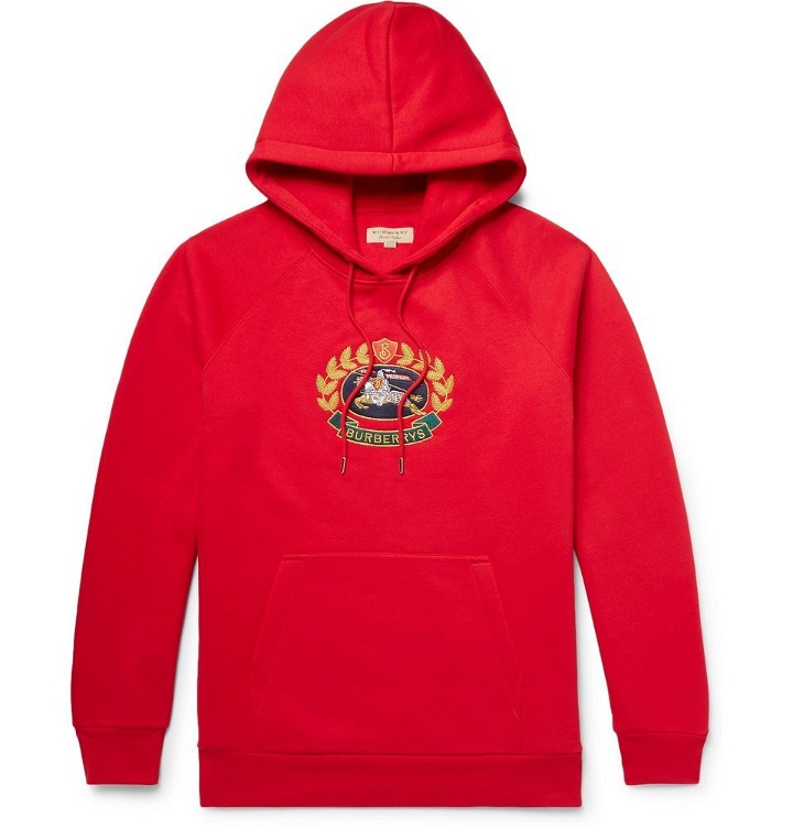 Photo: Burberry - Logo-Embroidered Fleece-back Cotton-Blend Jersey Hoodie - Men - Red