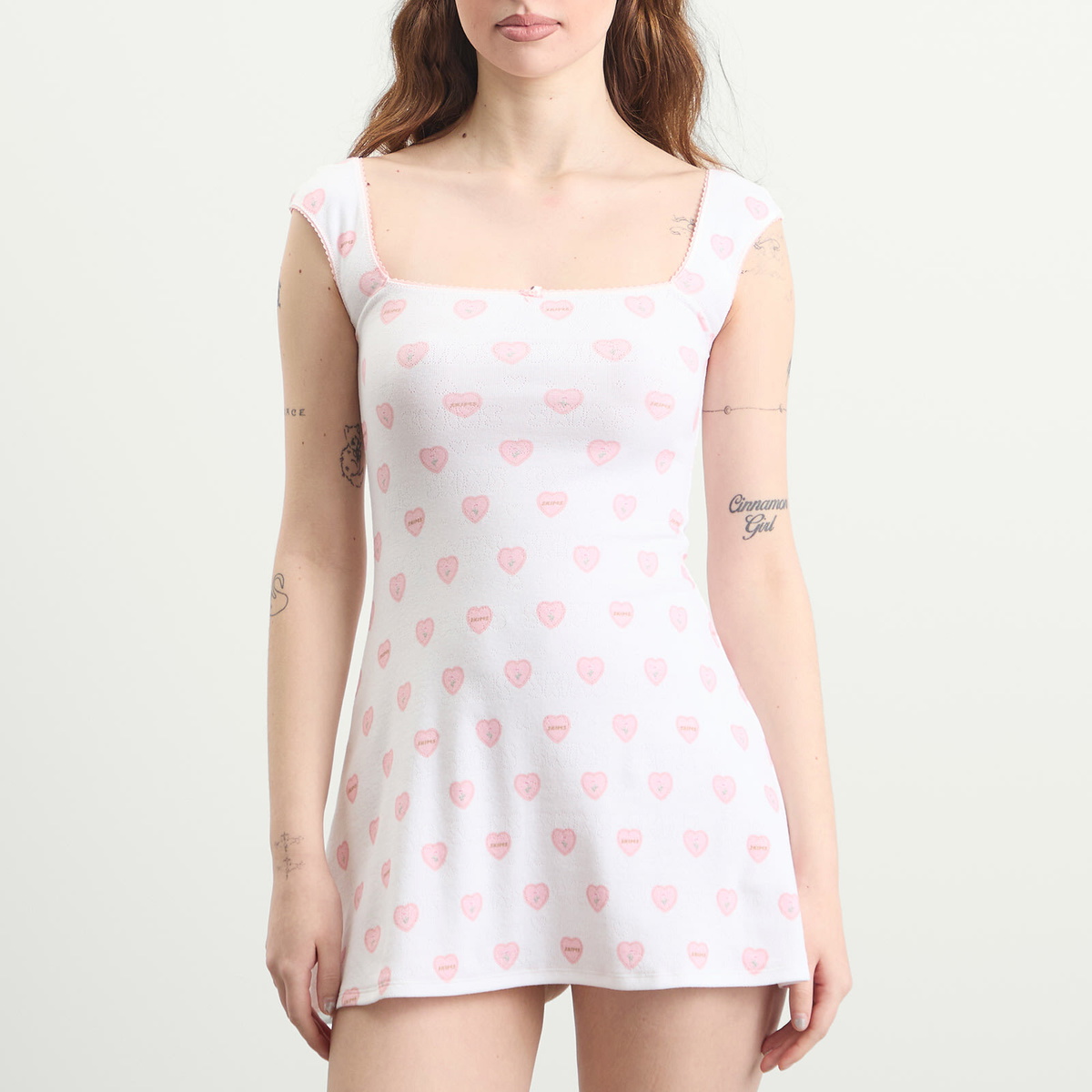SKIMS Women's Pointelle Cap Sleeve Mini Dress in Snow Lace Hearts
