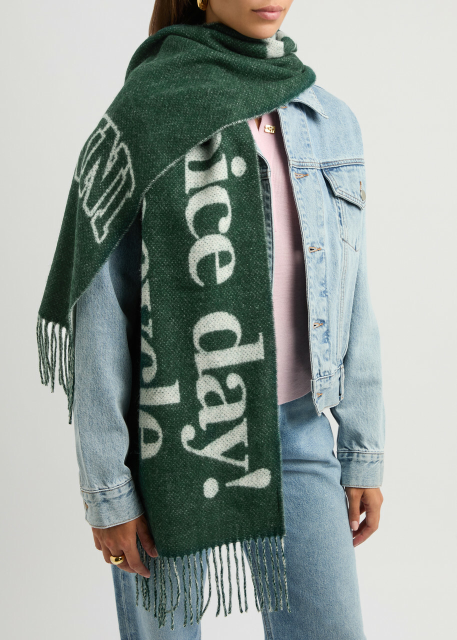 【送料&関税込】Ganni Scarf With Logo Ganni Logo-intarsia Fringed Wool Scarf - Dark Green - One