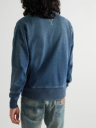 RRL - Distressed Indigo-Dyed Logo-Print Cotton-Jersey Sweatshirt - Blue