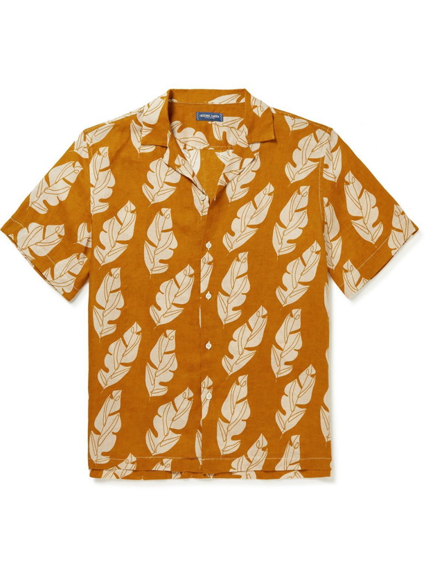 Photo: Frescobol Carioca - Roberto Camp-Collar Printed Linen Shirt - Brown