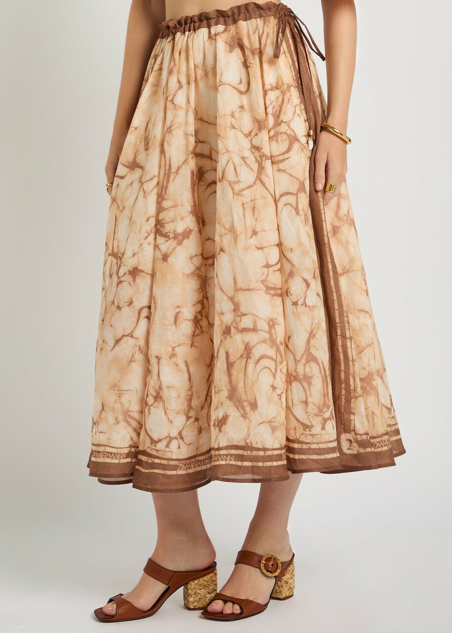 Zimmermann Indra Printed Rami Midi Skirt Brown