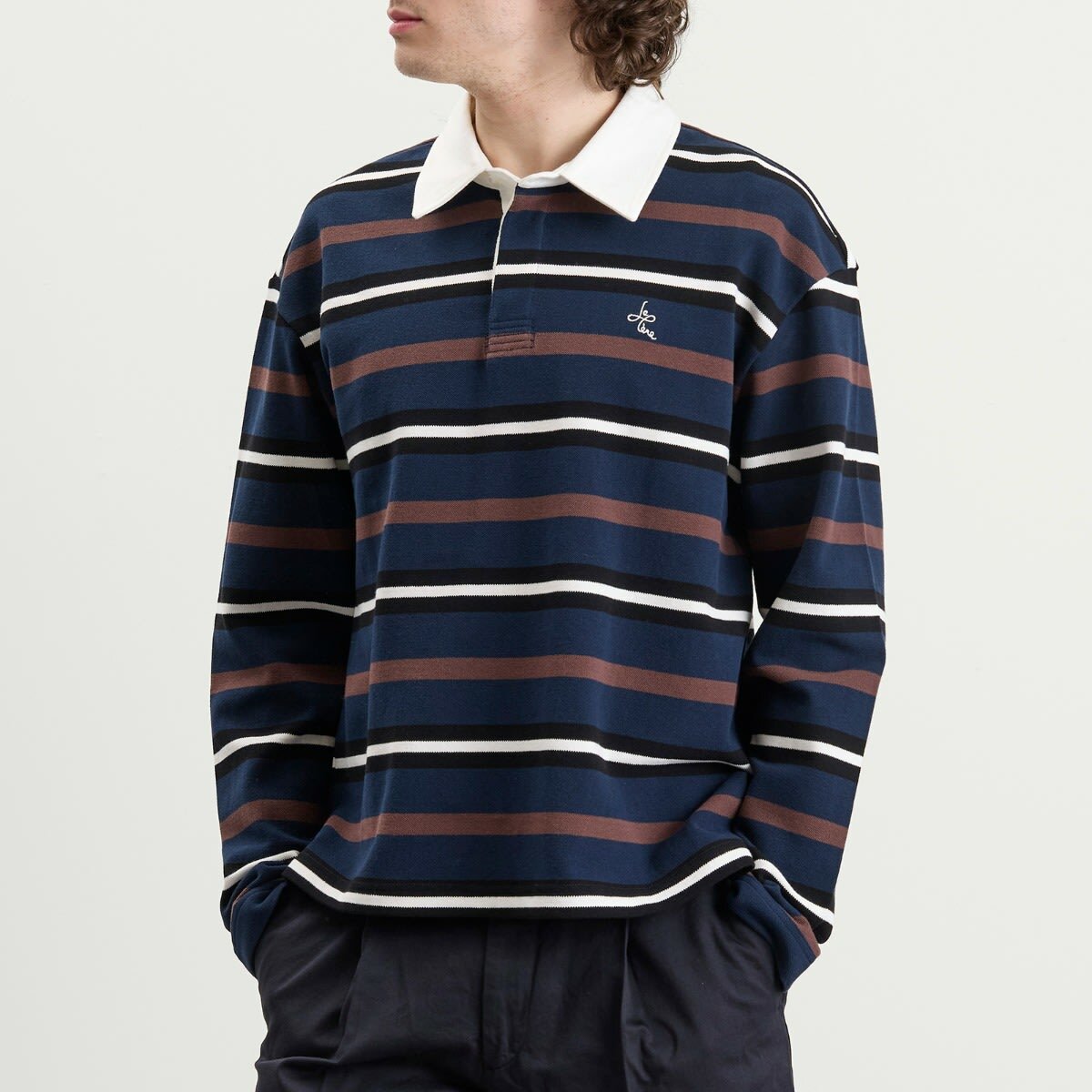 Le Père Men's Long-Sleeve Rugby Polo in Brown Multi Stripe