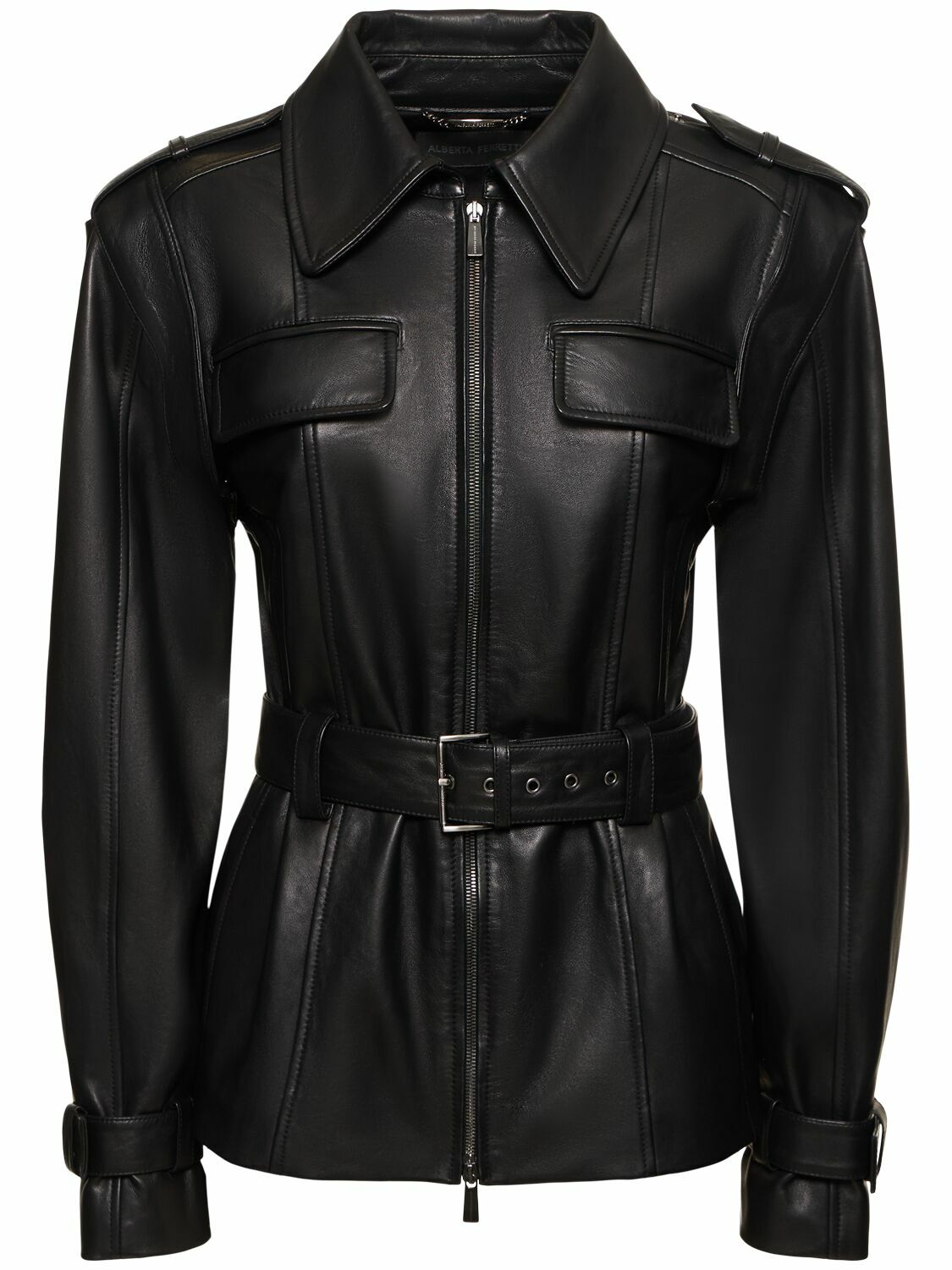 ジャケット A FERRETTI Woman Jacket Beige 05191625 0149 ALBERTA FERRETTI Belted Leather Jacket Alberta Ferretti