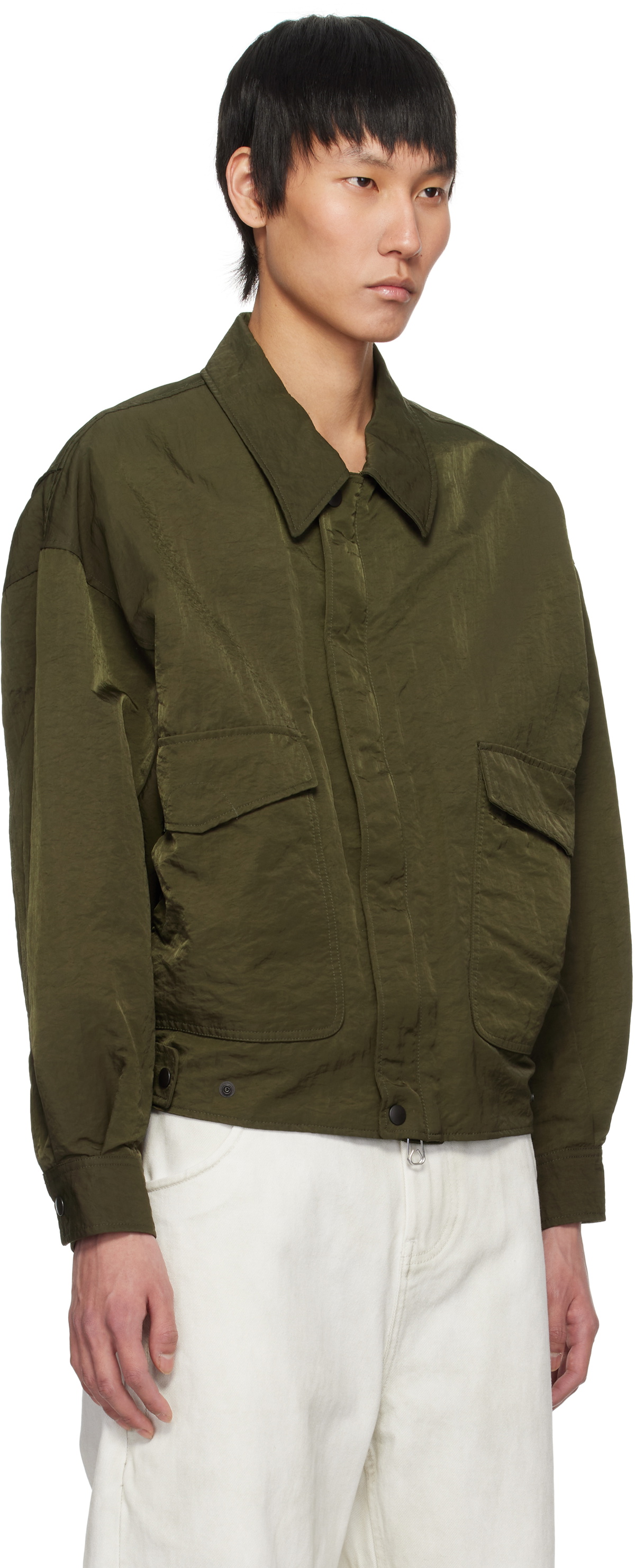 YOKE Khaki Hard Wash Nylon Twill Bomber Jacket