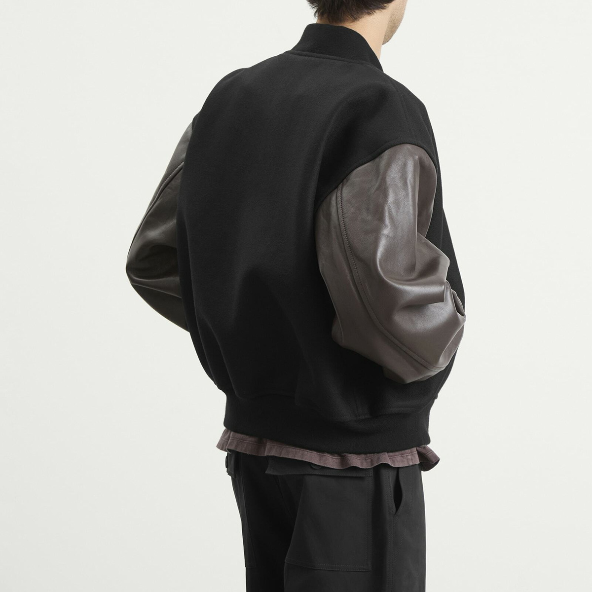 Studio Nicholson Men's Alph Leather Wool Varsity Bomber Jacket in Black/Cocoa