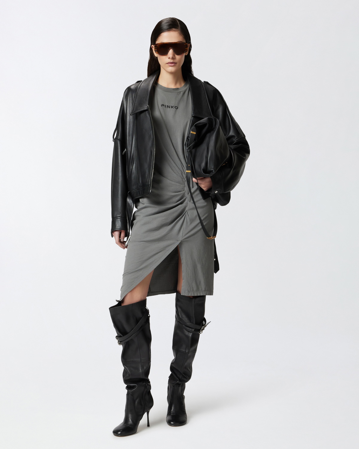 Pinko Knit Midi Dress With Padded Shoulders Grey Dark Seagull