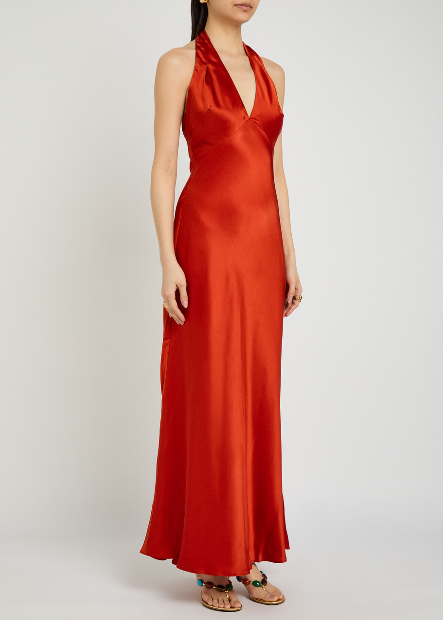 Reformation Daniela Halterneck Silk Dress Red
