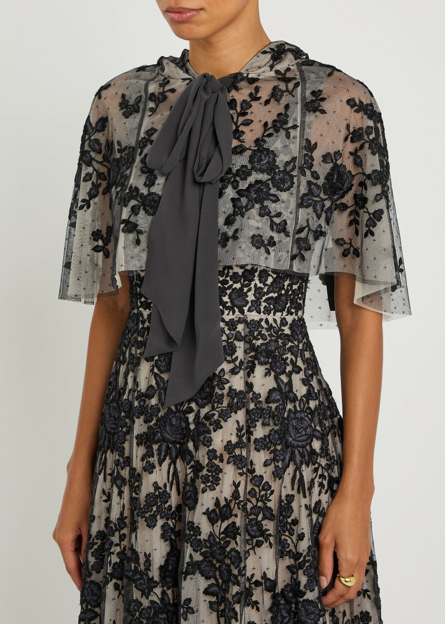 Needle & Thread Rosa Floral-embroidered Tulle Cape Black