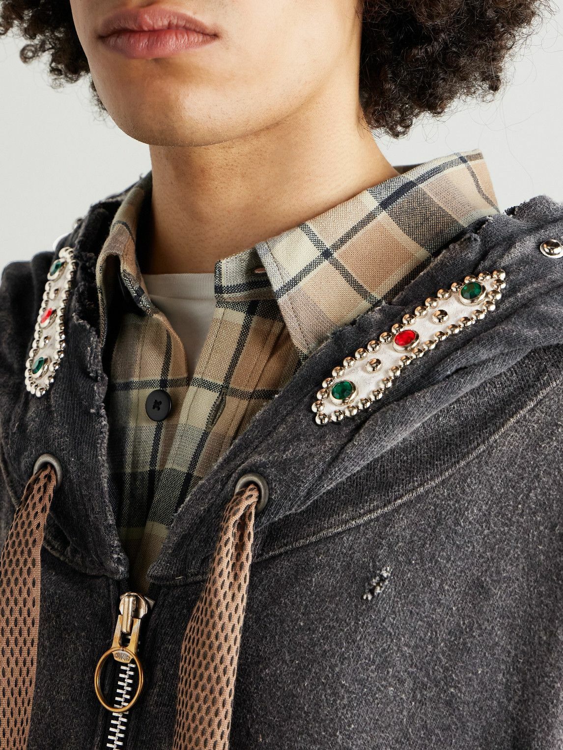 KAPITAL - Embelished Distressed Cotton-Jersey Zip-Up Hoodie
