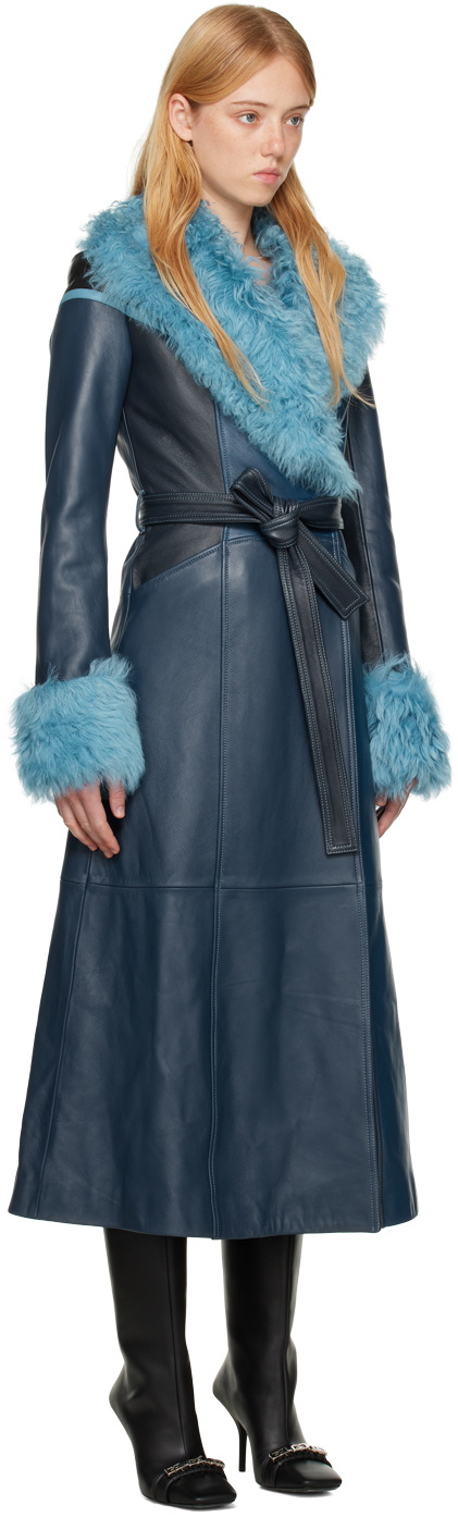 Marine Serre Blue Double-Breasted Leather Coat Marine Serre