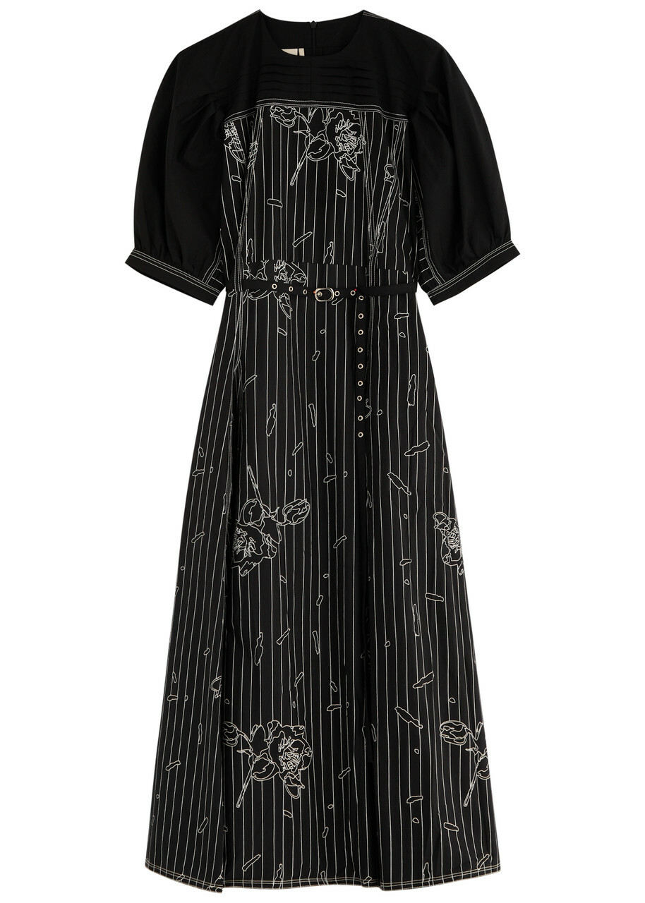 Lovebirds Printed Belted Cotton Midi Dress Black