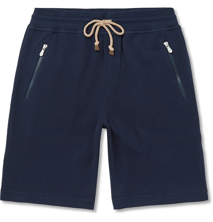 Photo: Brunello Cucinelli - Slim-Fit Cotton-Blend Jersey Drawstring Shorts - Blue