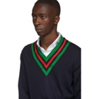 Gucci Navy Wool Web V-Neck Sweater