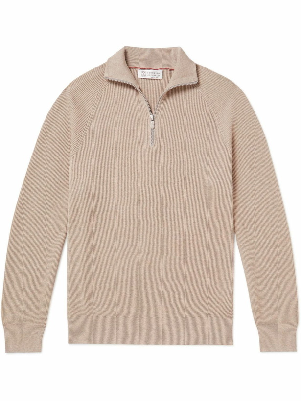 Photo: Brunello Cucinelli - Ribbed Cotton Half-Zip Sweater - Neutrals
