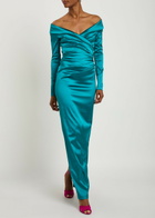Talbot Runhof Off-the-shoulder Gathered Satin Maxi Dress Aqua