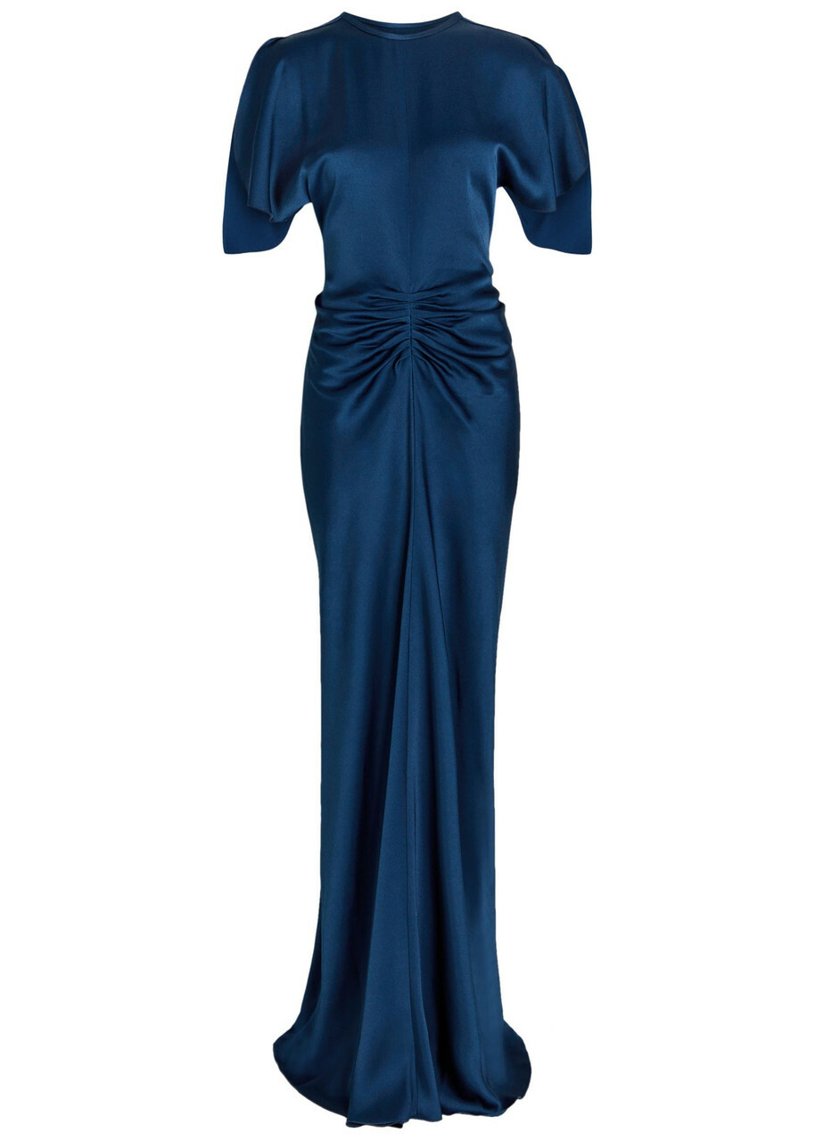 Victoria Beckham Isabella Gathered Satin-crepe Gown Dark Blue