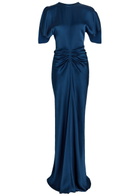 Victoria Beckham Isabella Gathered Satin-crepe Gown Dark Blue