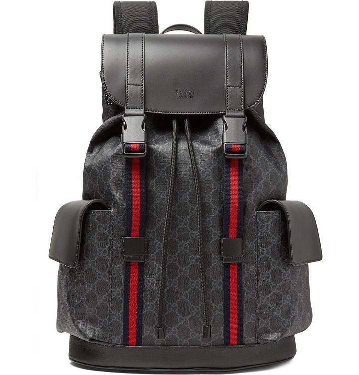 Photo: Gucci - Leather-Trimmed Monogrammed Coated-Canvas Backpack - Black