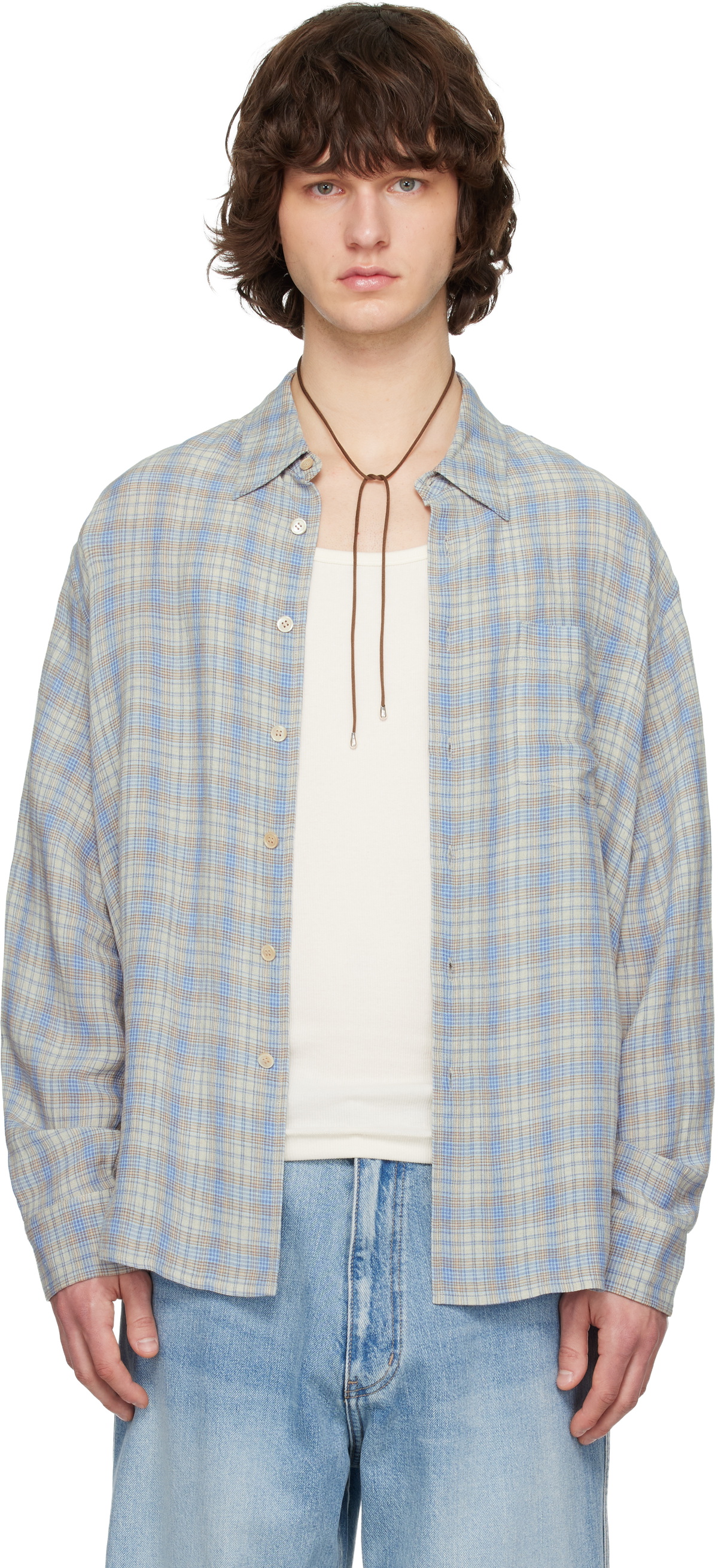 Solid Homme Blue Viscose Linen Check Shirt