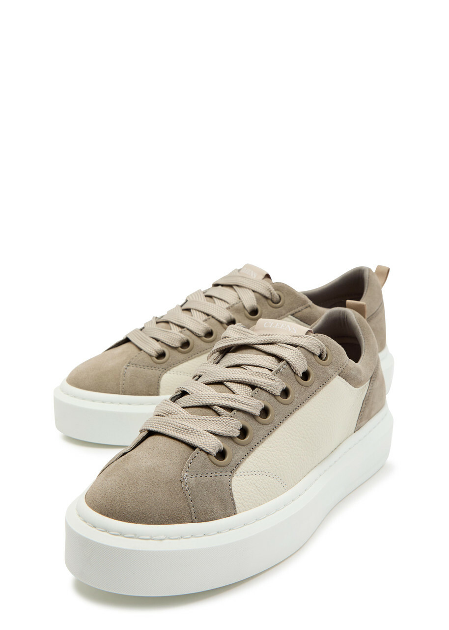 Cleens Ace Panelled Leather and Suede Sneakers Taupe